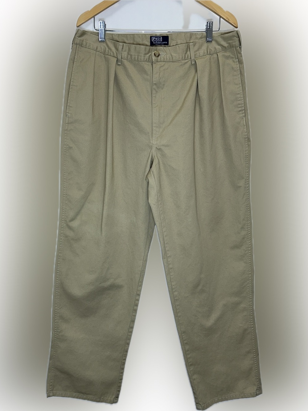 Vintage 90s Polo Ralph Lauren Andrew Pants Mens 36x32 Tan Pleated Chino USA Made